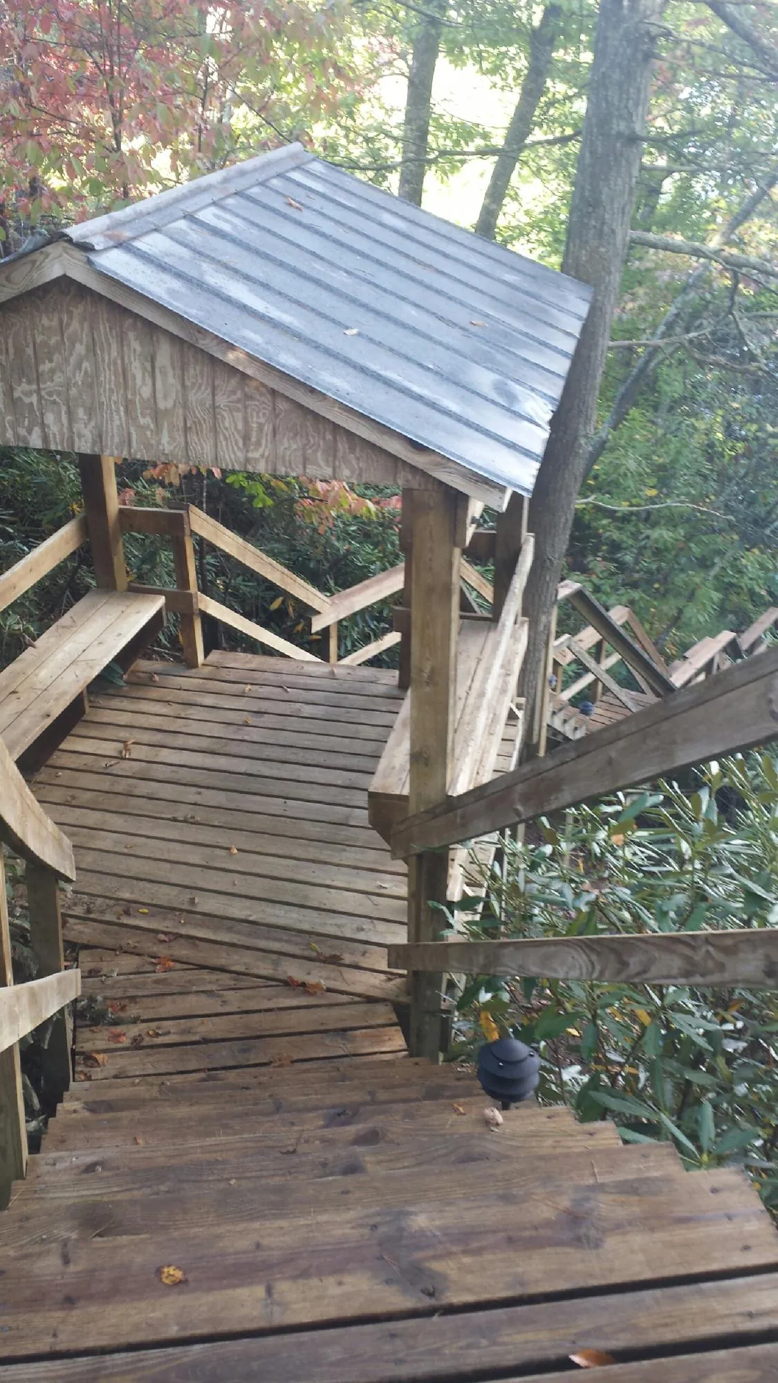 Metal roofed shelter over wooden steps on a wooded walkway — Skylight Repair & Installation work by our crew in Montara